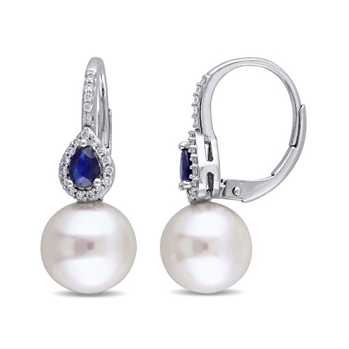 Freshwater Cultured Pearl (9-9.5mm), Sapphire (3/8 ct. t.w.) and Diamond (1/8 ct. t.w.) Pear Drop Earrings in 14k White Gold