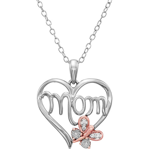 Diamond Butterfly Mom 18" Pendant Necklace (1/20 ct. t.w.) in Sterling Silver & 14k Rose Gold Over Sterling Silver