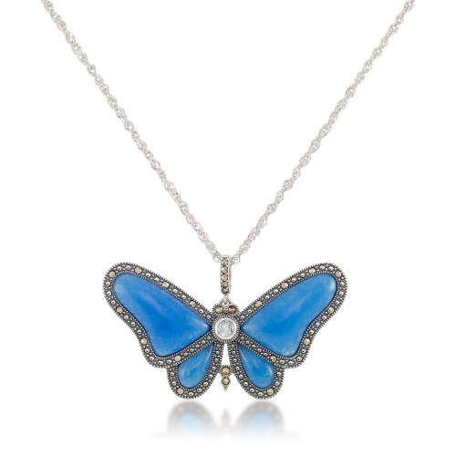 Marcasite and Blue Agate & Blue Topaz (1/3 ct. t.w.) Butterfly Pendant+18" Chain in Sterling Silver