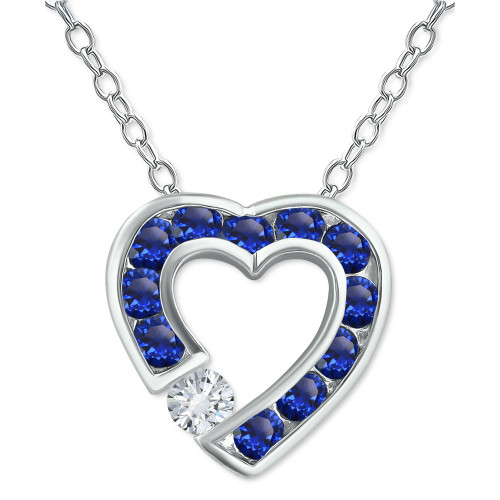 Blue & White Cubic Zirconia Open Heart 18" Pendant Necklace in Sterling Silver, Created for Macy's