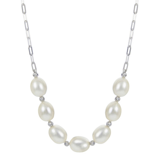 Cultured Freshwater Pearl (9-10mm) Paperclip Link 18" Statement Necklace in Sterling Silver