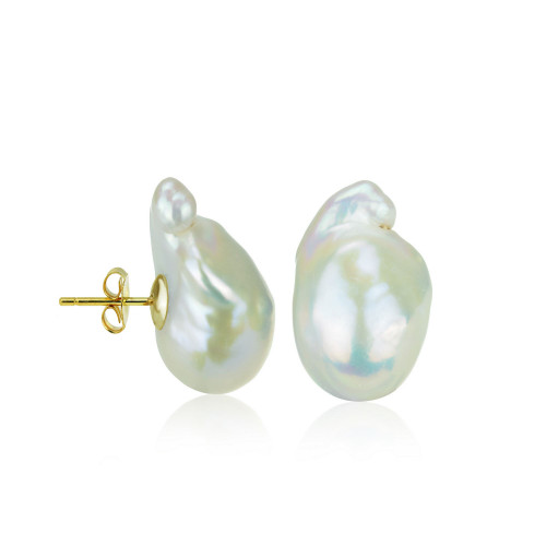 White Cultured Freshwater Pearl (15-17mm) Stud Earrings in 14k Yellow Gold