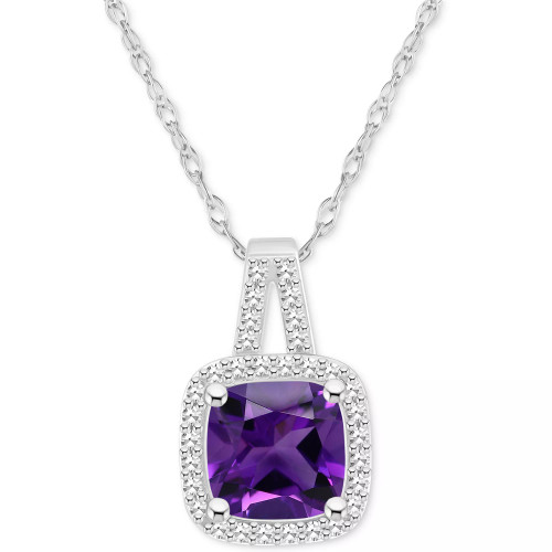 Amethyst (1-1/2 ct. t.w.) & Diamond (1/6 ct. t.w.) Cushion Halo 18" Pendant Necklace in Sterling Silver (Also in Citrine, Garnet, Peridot, & Blue Topaz)