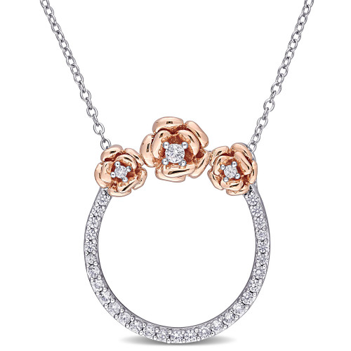 Created White Sapphire (3/5 ct. t.w.) Rose Floral Open Circle Necklace in Two-Tone Sterling Silver
