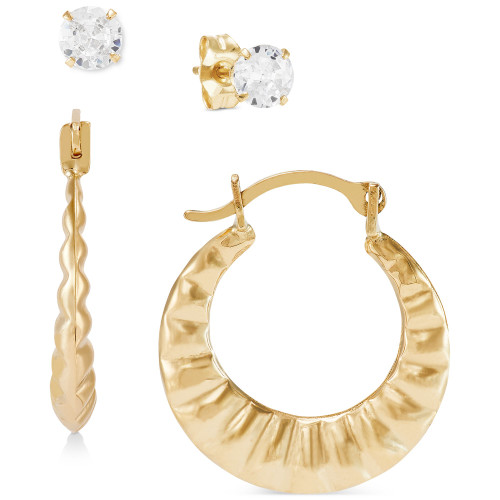 2-Pc. Set Cubic Zirconia Stud & Crimped Hoop Earrings in 10k Gold