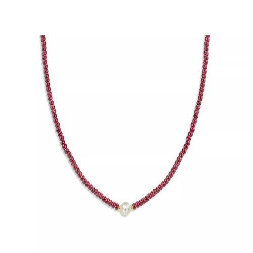 Gemstone and Cultured Pearl (9-10 mm) Strand Necklace in 14k Yellow Gold (Available in Ruby (80-1/2 ct. t.w), Sapphire (80-1/2 ct. t.w.), Emerald (80-1/2 ct. t.w.) and Black Spinel (60- 1/2 ct. t.w)