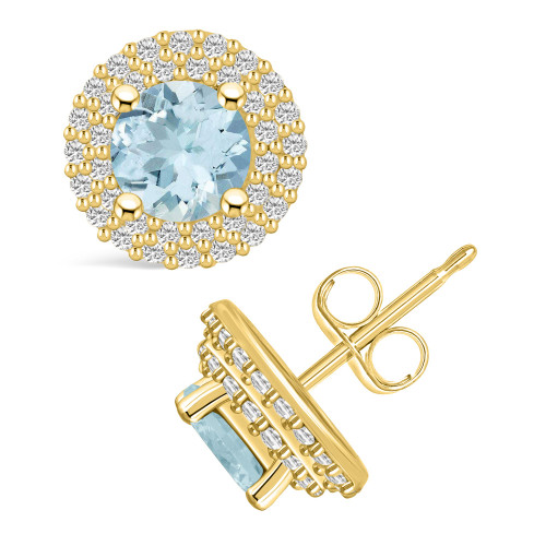 Aquamarine (1-1/2 ct. t.w.) and Diamond (1/2 ct. t.w.) Halo Stud Earrings in 14K Yellow Gold