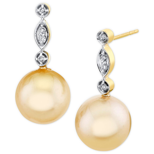 Cultured Golden South Sea Pearl (9mm) & Diamond Accent Drop Earrings in 14k Gold