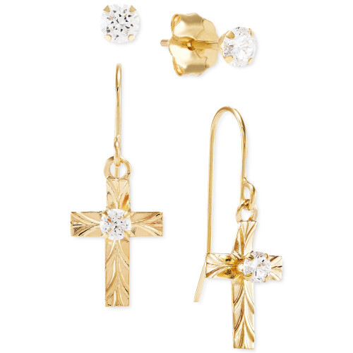 2-Pc. Set Cubic Zirconia Solitaire Stud Earrings & Cross Drop Earrings in 10k Gold
