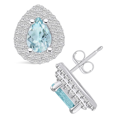 Aquamarine (1-1/5 ct. t.w.) and Diamond (5/8 ct. t.w.) Halo Stud Earrings in 14K White Gold