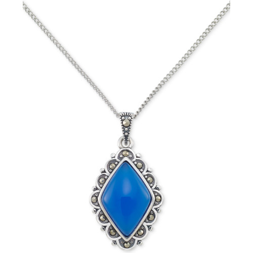 Abalone & Marcasite Framed 18" Pendant Necklace in Sterling Silver (Also in Blue Agate)