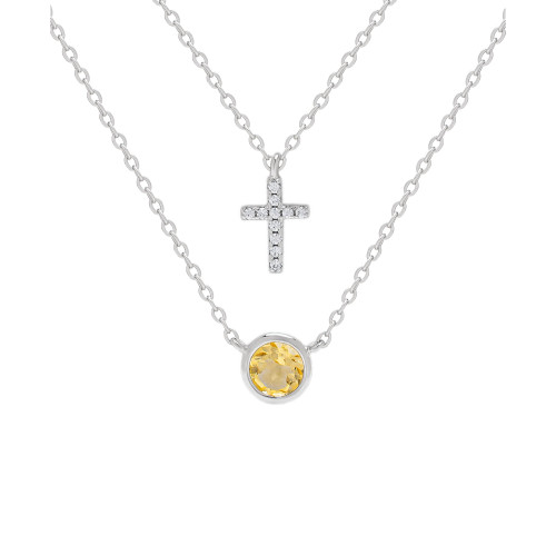 Citrine (3/8 ct. t.w.) & Cubic Zirconia Bezel & Cross 18" Layered Pendant Necklace in Sterling Silver
