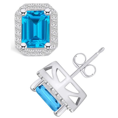 Topaz (4 ct. t.w.) and Diamond (3/8 ct. t.w.) Halo Stud Earrings in 14K White Gold