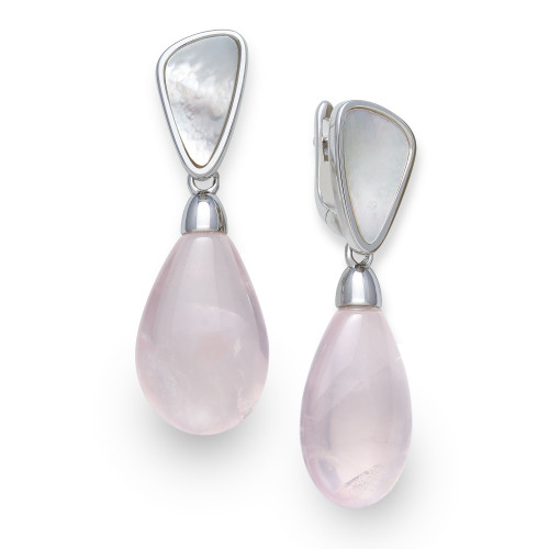 Mother of Pearl and Rose Quartz 21x25mm Drop Earrings in Sterling Silver