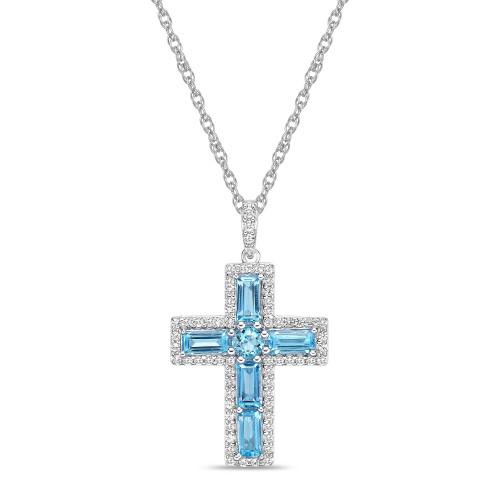 Sterling Silver Halo Birthstone Style Genuine Swiss Blue and White Topaz Fancy Cut Cross Pendant Necklace