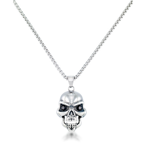 Men's Black Cubic Zirconia Skull 24" Pendant Necklace in Stainless Steel