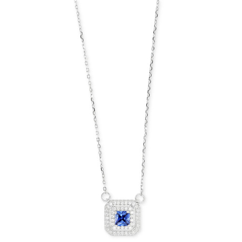 Cubic Zirconia Square Halo 18" Pendant Necklace in Sterling Silver