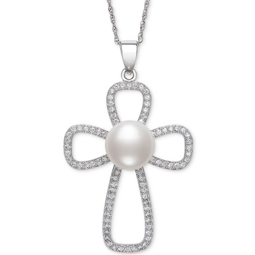 Cultured Freshwater Button Pearl (10mm) & Cubic Zirconia Cross 18" Pendant Necklace in Sterling Silver