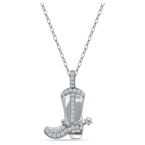Cubic Zirconia Cowboy Boot with Spur Pendant Necklace in Sterling Silver