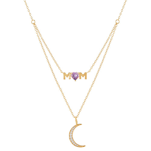 Amethyst (3/8 ct. t.w.) & Cubic Zirconia MOM & Moon Layered Necklace in 14k Gold-Plated Sterlings Silver, 16" + 2" extender