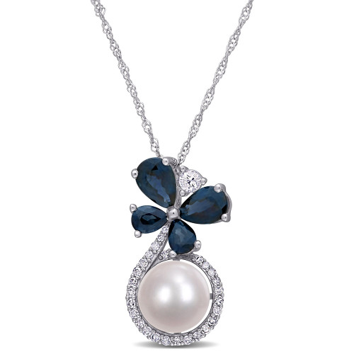 Freshwater Cultured Pearl (7.5-8mm), Sapphire (1 3/5 ct. t.w.) and Diamond (1/8 ct. t.w.) Butterfly 17" Necklace in 10k White Gold