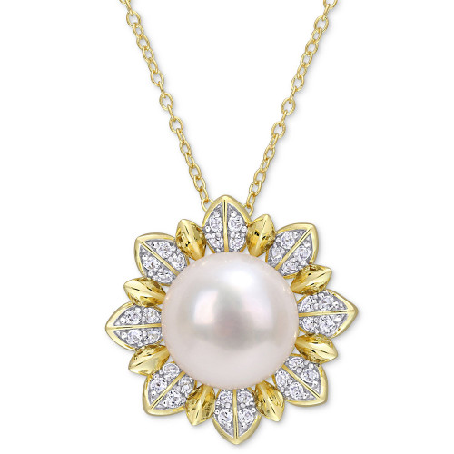 Cultured Freshwater Pearl (8-1/2mm) & White Topaz (1 ct. t.w.) Flower 18" Pendant Necklace in Gold-Tone Plated Sterling Silver