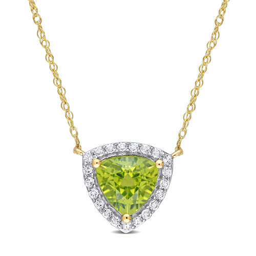 10K Yellow Gold Plated Peridot and White Topaz Trillion Halo Necklace