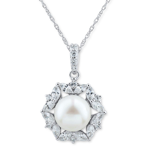 Cultured Freshwater Pearl (9mm) & Cubic Zirconia Halo 18" Pendant Necklace in Sterling Silver