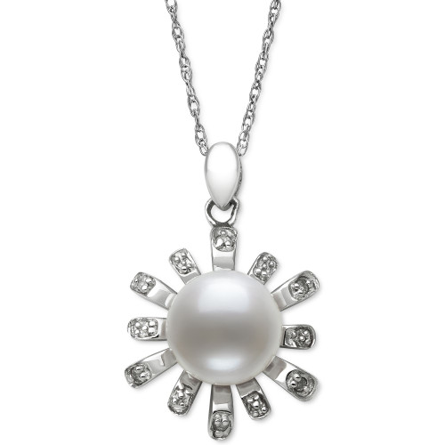 Cultured Freshwater Button Pearl (8mm) & Diamond Accent Sunburst 18" Pendant Necklace in Sterling Silver