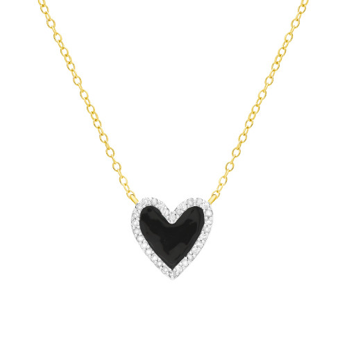 Diamond Black Enamel Heart "Loved" 18" Pendant Necklace (1/8 ct. t.w.) in 14k Gold-Plated Sterling Silver