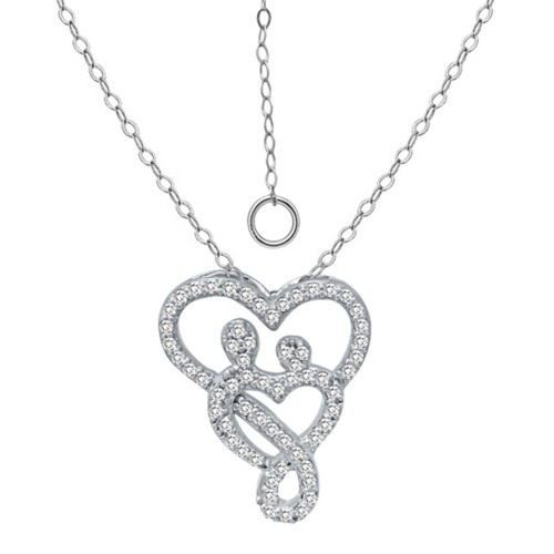 Cubic Zirconia Intertwined Mom & Child Heart Pendant Necklace in Sterling Silver, 16" + 2" extender, Created for Macy's