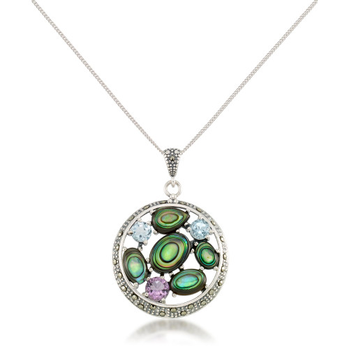 Marcasite, Amethyst (3/8 ct. t.w.), Abalone (5-1/3 ct. t.w.) and Blue topaz (5/8 ct.t.w.) Round Pendant + 18" Chain in Sterling Silver