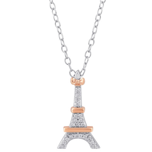 Diamond Accent Aristocats Eiffel Tower Pendant Necklace in Sterling Silver & 10k Rose Gold, 16" + 2" extender