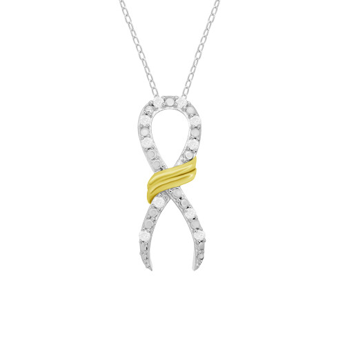 Diamond Awareness Ribbon Pendant Necklace (1/10 ct. t.w.) In Sterling Silver & 14K Gold-Plate