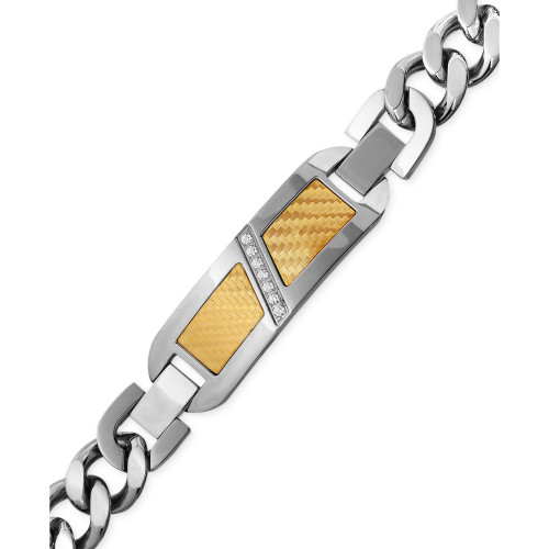 Men's Diamond (1/10 ct. t.w.) Decorative Plate Heavy Link Bracelet in Stainless Steel with 18k Gold Inlay