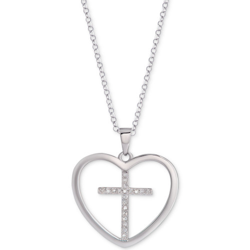 Diamond Cross Heart 18" Pendant Necklace (1/10 ct. t.w.) in Sterling Silver