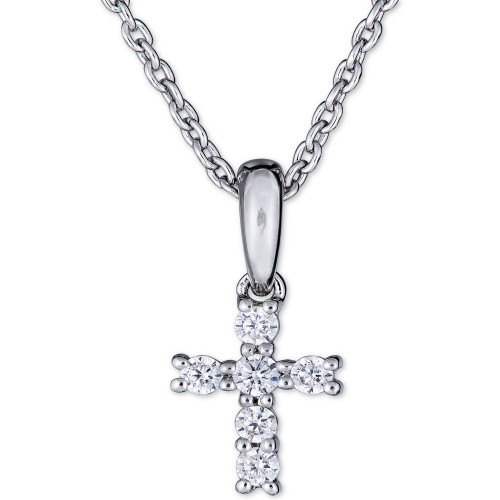 Diamond Cross Pendant Necklace (1/8 ct. t.w.) in 14k White Gold, 16" + 2" extender