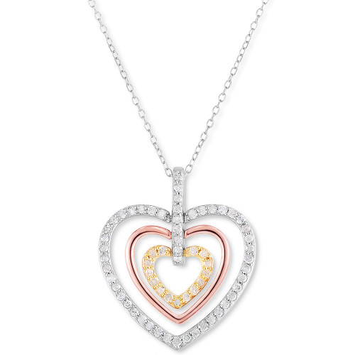 Diamond Triple Heart 18" Pendant Necklace (1/3 ct t.w.) in Sterling Silver & 14k Tricolor Gold-Plate