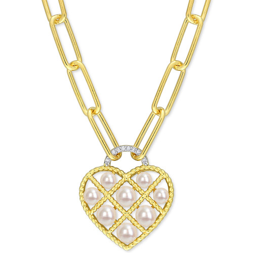 Cultured Freshwater Pearl (3-1/2 - 5mm) & Diamond Accent 18" Heart Pendant Necklace in Gold-Tone Plated Sterling Silver