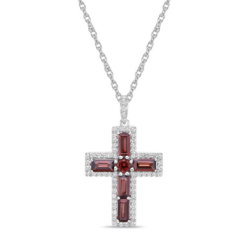 Sterling Silver Halo Birthstone Style Genuine Garnet and White Topaz Fancy Cut Cross Pendant Necklace
