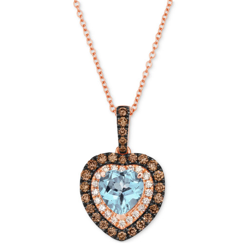 Sea Blue Aquamarine (1-1/10 ct. t.w.) & Diamond (5/8 ct. t.w.) Heart Halo Pendant Necklace in 14k Rose Gold, 18" + 2" extender