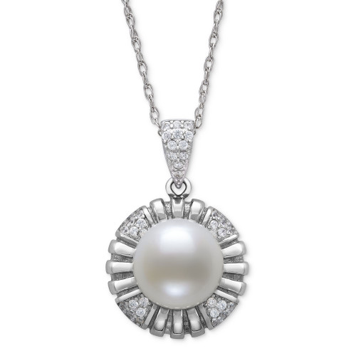 Cultured Freshwater Button Pearl (10mm) & Lab-Created White Sapphire (1/2 ct. t.w.) Flower 18" Pendant Necklace in Sterling Silver