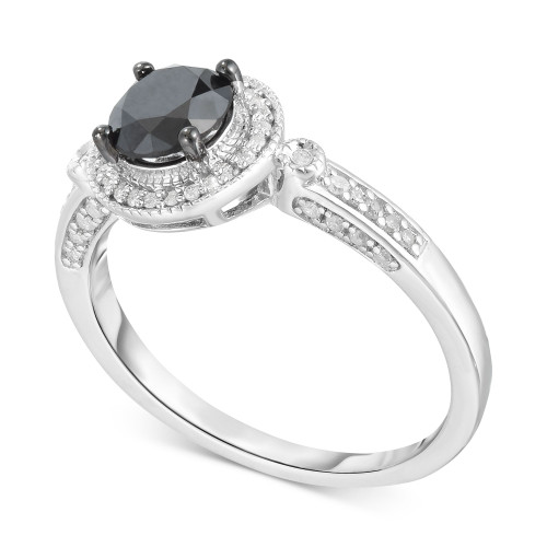 Black Diamond (7/8 ct. t.w.) & White Diamond (1/6 ct. t.w.) Halo 18" Ring in Sterling Silver