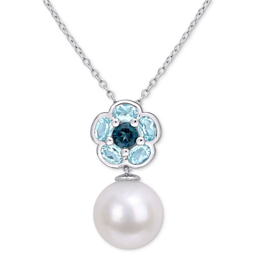 Cultured Freshwater Pearl (11mm) & Blue Topaz (1-3/5 ct. t.w.) 18" Pendant Necklace in Sterling Silver