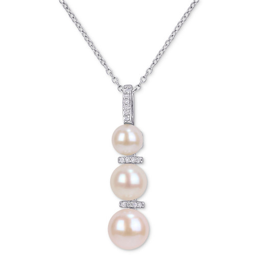 Cultured Freshwater Pearl (6 - 8-1/2mm) & Diamond (1/20 ct. t.w.) Graduated Pendant Necklace in Sterling Silver