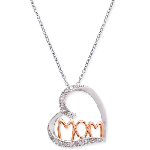 Diamond Mom Heart 18" Pendant Necklace (1/10 ct. t.w.) in Sterling Silver & 18k Rose Gold-Plate