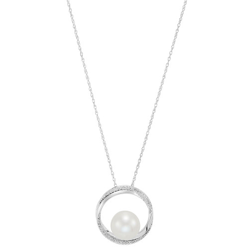 Cultured Freshwater Pearl (9mm) & Diamond (1/10 ct. t.w.) Circle 18" Pendant Necklace in 14k White Gold