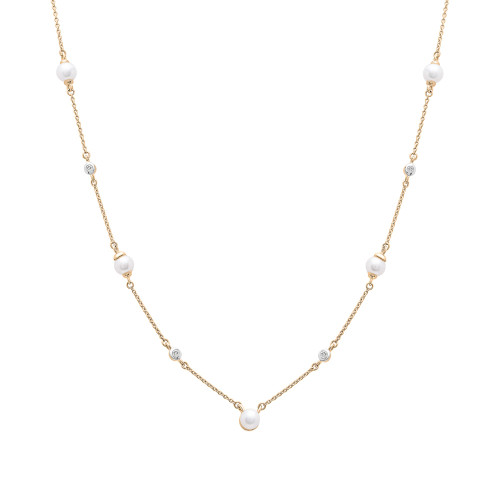 Cultured Freshwater Pearl (4mm) & Diamond Accent Station 17" Collar Necklace in 14k Gold