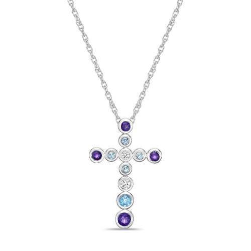 Sterling Silver modern 3/4 (ct. t. w.) Multi-Gemstone Bezel Set Cross Pendant Necklace