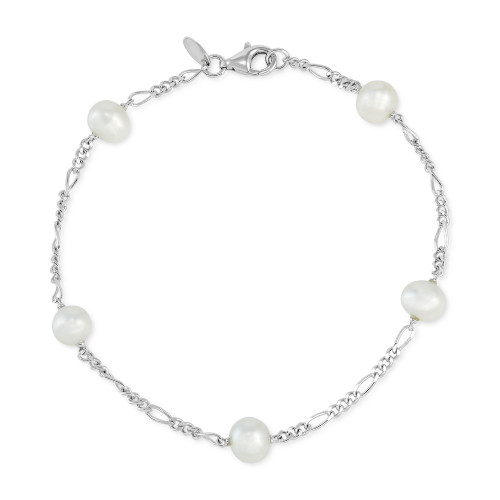 Cultured Freshwater Potato Pearl (6 - 6-1/2mm) Station Figaro Link Bracelet in Sterling Silver
